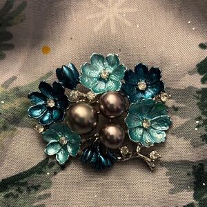 Teal, Turquoise, & Silver Floral Brooch/Pendant